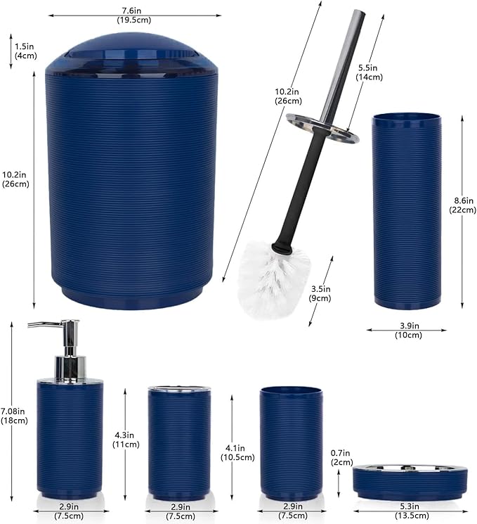 CERBIOR Bathroom Accessories Set 6 Piece Bath Ensemble Includes Soap Dispenser, Toothbrush Holder, Toothbrush Cup, Soap Dish for Decorative Countertop and Housewarming Gift (Blue)