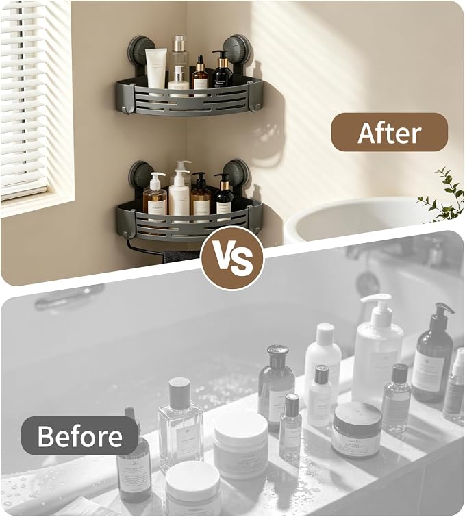 LOOCH 3 Pack Plastic Corner Shower Caddy with Twist-Lock Suction Cups & a Pre-Applied Adhesive Layer, The No-Drill Shower Organizer with Towel Bar & Drain Holes for Bathroom Storage & Decor（Grey）
