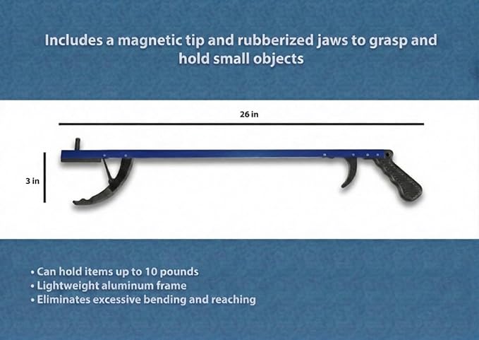 Rehabilitation Advantage 26" Reacher Grabber Tool, Aluminum Pickup Tool with 3" Jaw & Magnetic Tip, Lightweight Rust Proof Frame, Ergonomic Handle, Blue, Set of 2