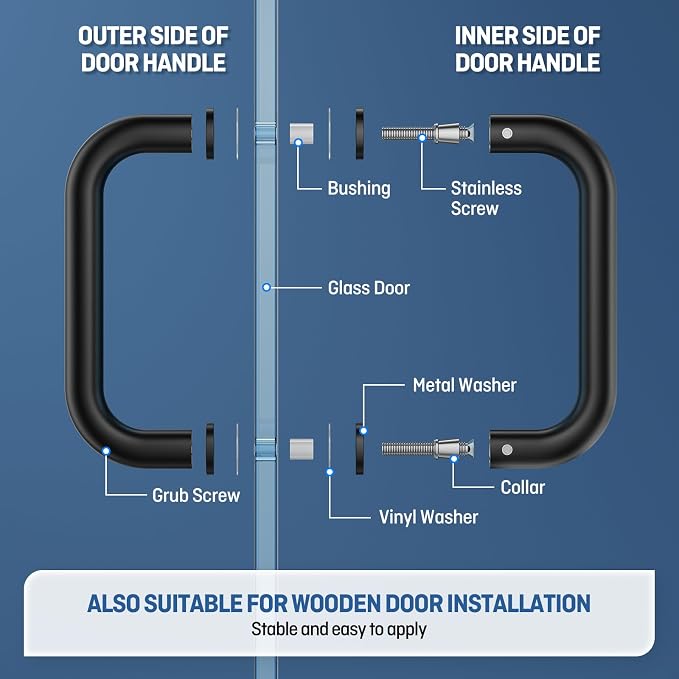 Ranbo Matte Black 6" （CTC） Tubular Back-to-Back Shower Door Handle，3/4" Diameter Pull Handles with Metal Washers, for 1/4"- 1/2" Thick Glass and 1-3/8" - 2-1/6" Thick Wooden or Metal Doors