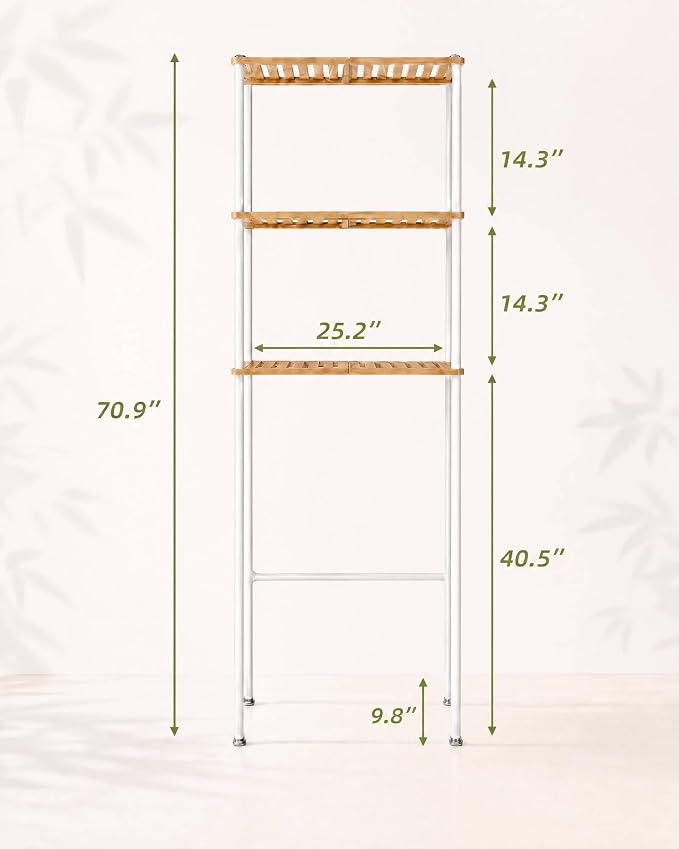 LiSHELF Bamboo Over The Toilet Storage Shelf 3-Tier Bathroom Organizer Rack Freestanding Above Toilet Shelves Space Saver for Small Bathroom, Laundry, White