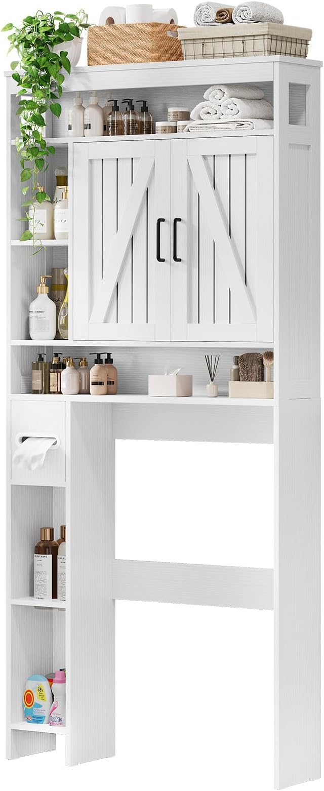 Over The Toilet Storage Cabinet with 2 Barn Doors & Built-in Toilet Paper Holder, Farmhouse Space-Saving Organizer for Bathrooms and Laundry Room, White