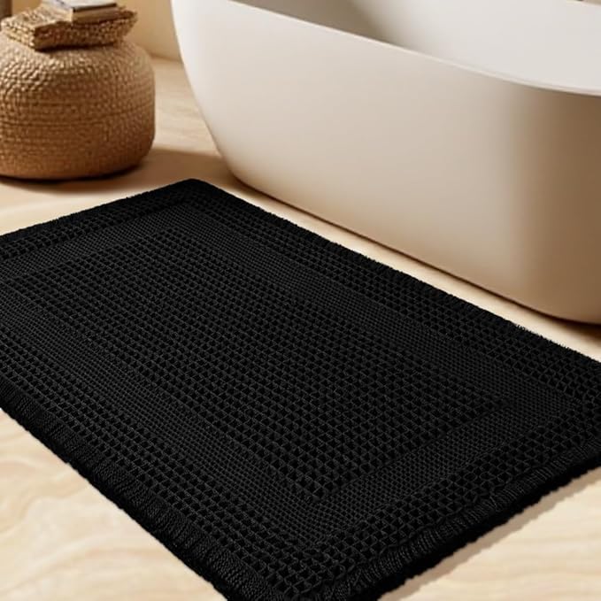 Upgrade Waffle Bath Mat, Boho Bathroom Rugs Absorbent Non Slip, Ultra Soft Bathroom Mat, Machine Washable Knit Bath Rugs with Tassels for Bathroom, Bedroom, Kitchen, Shower, Tub, Black, 32"x20"