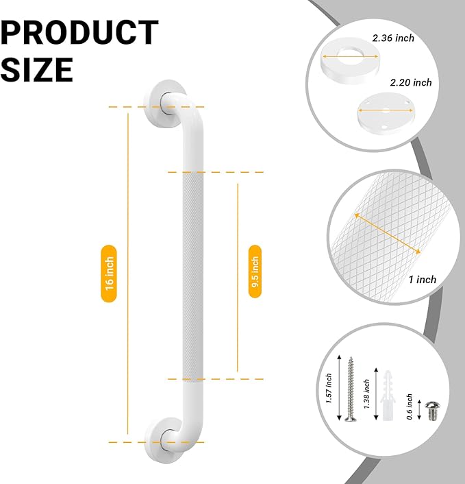 Anti Slip Grab Bars for Shower White, Safety Textured Grip Shower Grab Bars for Seniors, Holds up to 500LBs, Knurled Handicap Grab Bars for Wall with Concealed Screws, 16 Inch