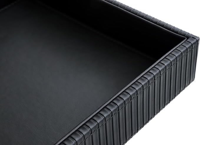 HofferRuffer Faux Leather Vanity Tray, Elegant Desktop Storage Organizer, Decorative Catchall for Perfume, Bathroom Valet, Nightstand or Dresser, 10.2 x 8.4 x 1.8 inches (Black Stripe)