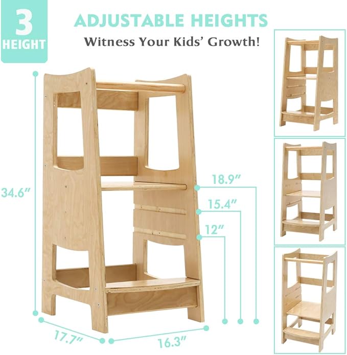 EGREE Toddler Kitchen Step Stool with Safety Rail Kids Wooden Standing Tower for Kitchen Counter and Bathroom Sink, 3 Heights Adjustable Step Up Stool Mothers' Helper, Solid Wood Construction, Natural