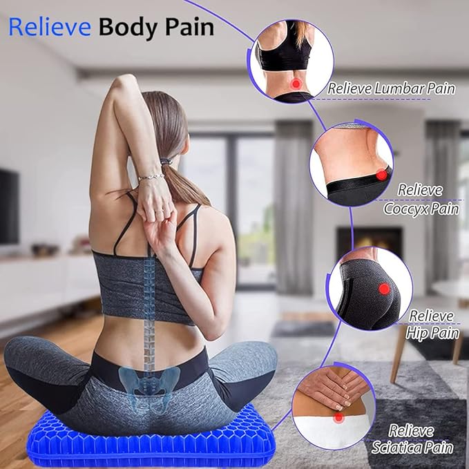 Gel Seat Cushion for Long Sitting, Extra Thick Gel Cushion for Wheelchair Soft Chair Pads for Office Home Chairs Car Seats Long Trips - Back Sciatica Hip Tailbone Pain Relief Cushion (Blue)