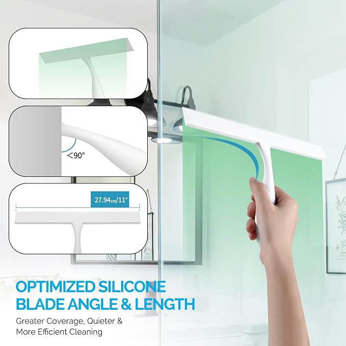 FY&XZH Never Rust Silicone Shower Squeegee for Glass Doors with Hook, Bathroom Cleaner Tool, Household Window and Mirror Squeegee, Ergonomic Thick Handle Squeegee for Shower Glass, 11-Inch (White)