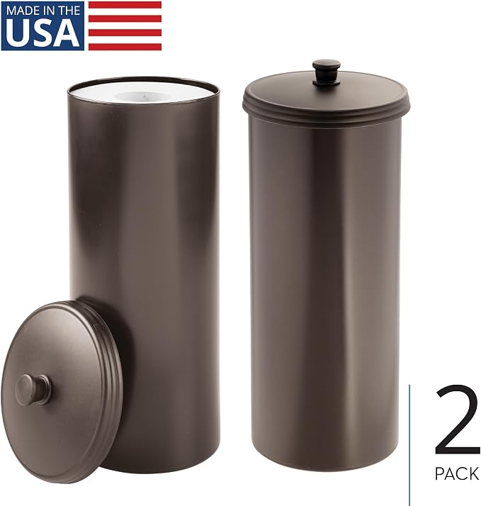 iDesign Freestanding Bathroom Toilet Paper Storage Holder with Lid for 3 Extra Rolls, 2-Pack, Bronze