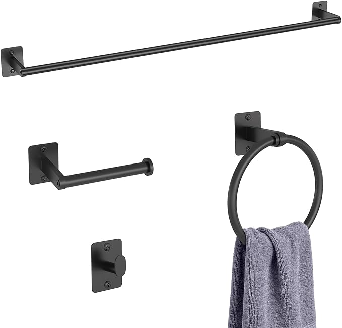 KLJKPA 4 Pieces Bathroom Hardware Set, 32 inch Towel Bar, Matte Black Bathroom Accessories Set, Towel Racks for Bathroom, Robe Towel Hooks, Toilet Paper Holder Wall Mounted