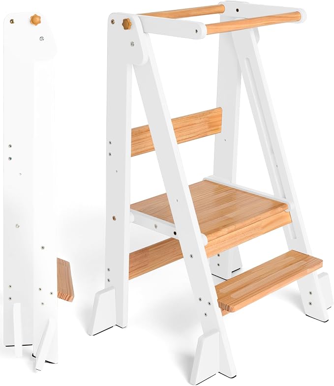 OCODILE Adjustable Foldable Toddler Tower – Folding Tower for Kids | Montessori Toddler Kitchen Step Stool Helper for Independence - White