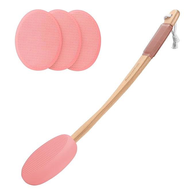 AmazerBath Lotion Applicator for Back, Feet, 4 Replacement Pads with 17" Curved Handle, Back Sunscreen Applicator for Kids, Elderly, Women, Apply Skin Cream Medicine Moisturizer Tanner, Apricot Red