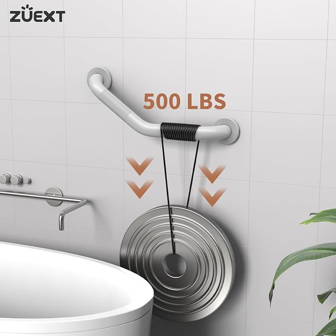 16 Inch Angled Grab Bar, ZUEXT Anti Slip Shower Grab Bar Handles, White Stainless Steel Knurled Bathroom Balance Bar, Safety Hand Rail Support for Handicap Elderly Injury Senior - 1.25" Diameter