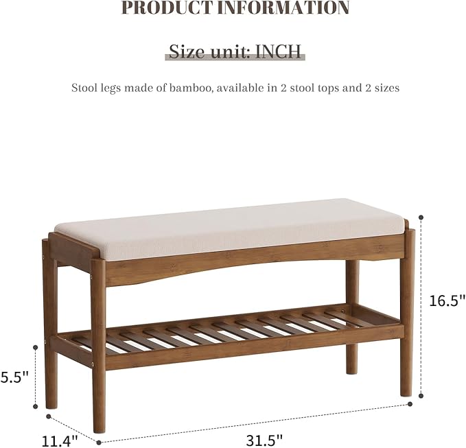 STDDRE Shoe Bench Entryway Bamboo 2-Tier Shoe Rack with Cushion Padded Seat Shoe Bench Organizer Stable for Entry, Hallway, Living Room, Bedroom, Closet (31.5 * 11.4 * 16.5IN, Brown-Beige)