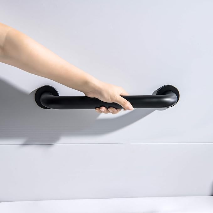 KIBI 12 Inch Stainless Steel Bathroom Safety Grab Bar | Curved Shaped Grab Bar for Bathtubs and Showers, Shower Safety Grab Bars for Seniors, Wall Mounted Anti-Slip Support (Matte Black, KGB1012)