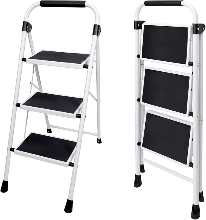 Sweetcrispy 3 Step Ladder, 330lbs Folding Step Stool with Wide Anti-Slip Pedal, Sturdy Ladder, Convenient Handrail, Lightweight, Portable Step Stool Black