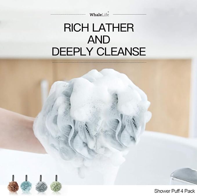 Loofah Sponge Bath Sponge for Women Men 4 Pack (Borwn Blue Gray Green)