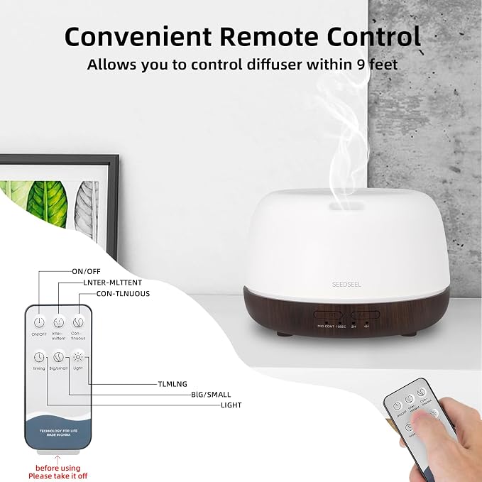 SEEDSEEL 300ML Essential Oil Diffuser, Small Aromatherapy Diffuser with Remote Control, 7-Color LED Light,4 Timer, Quiet,Auto-Off, Easy to Use,for Home,Bedroom,Office