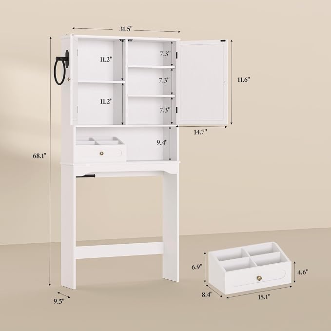 Over The Toilet Storage Cabinet with Adjustable Shelves & 2 Doors, Bathroom Storage Cabinet with One 4-Section Drawer, Towel Holder & Toilet Paper Holder for Bathroom, Laundry Room
