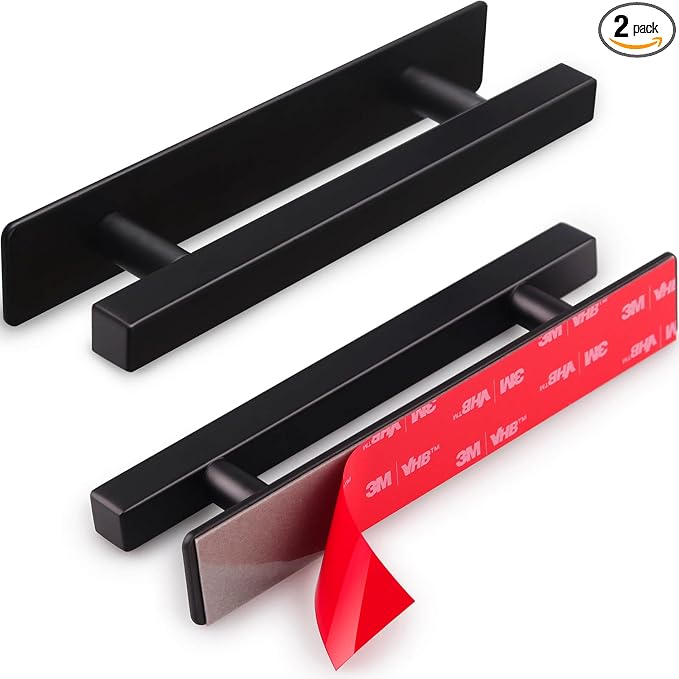 RVPEKUPE 2 Pack Self Adhesive Cabinet Handles Matte Black No Drill Drawer Pulls Stick On Handle for Cabinets Closets Sliding Shower Doors, 6" Overall Length