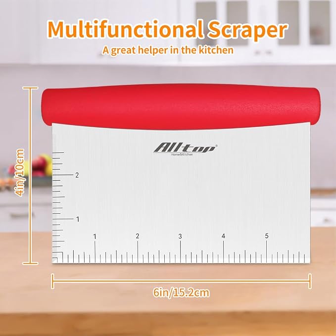ALLTOP Bench Scraper & Chopper for Kitchen - Ideal Baking Essential Utensil,Stainless Steel Pastry/Dough/Food Cutter Tool for Cake Pizza Bread,Cooking - 1 Pack,Red