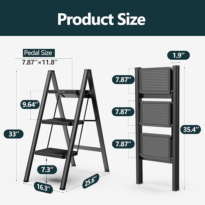 WOA WOA Step Ladder for Home, Foldable Step Stool for Kitchen with Non-Slip Pedals, Sturdy Ladders Supports up to 330 lbs, Compact and Portable - 3 Step/Black