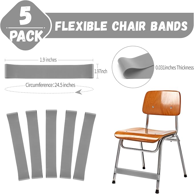 5 Pack Chair Bands for Kids with Fidgety Feet, ADHD Tools for Kids, Improve Focus & Reduce Restlessness, Chair Bands for Sensory ADHD ADD Autism - Classroom & Home Must Haves (Gray)