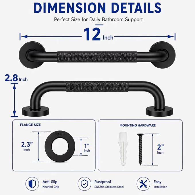 12 Inch Grab Bars for Shower, Black Anti Slip Grab Bar for Bathtubs Showers Toilet, Stainless Steel Safety Shower Grab Bar,Wall Mounted Shower Handle Handicap Bars for Senior Elderly