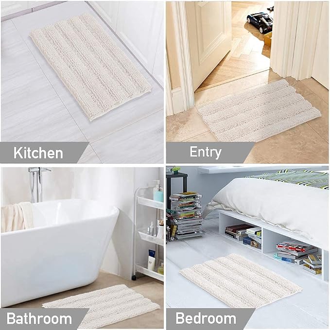 Turquoize Chenille Bathroom Rugs Set Non-Slip Bath Mats for Bathroom Super Absorbent Shaggy Rugs for Tub Shower Toilet Plush Bath Rug Plus U Contour Rug (Oversized: 24" x 36" and 20" x 24" U), Ivory
