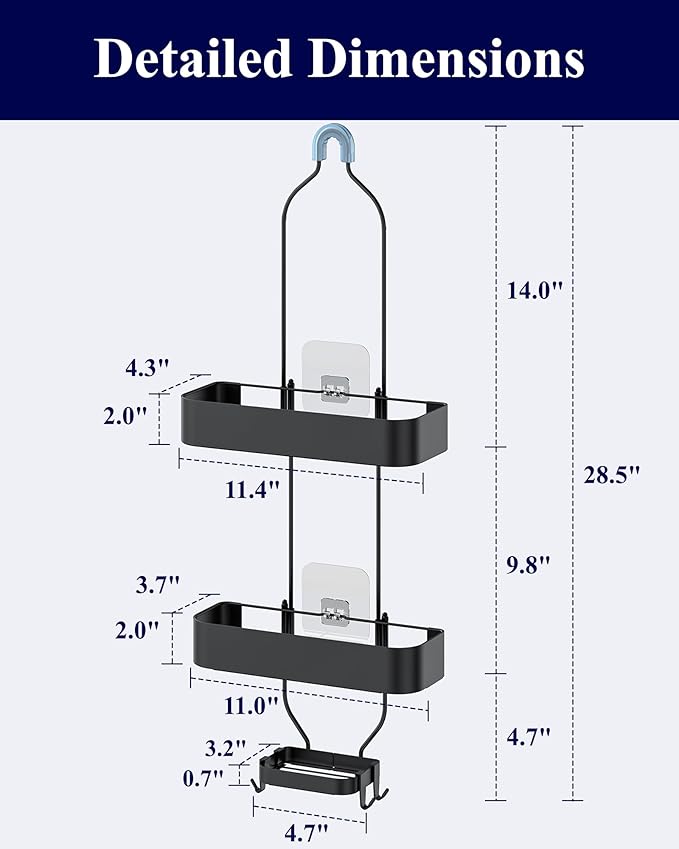 Kitsure Shower Caddy Hanging - No-Drill Bathroom Organizers and Storage, Wobble-Free Bathroom Shelves with Adhesive Tapes, Rust-Proof Shower Storage for Toiletries, Black, 28.5" H