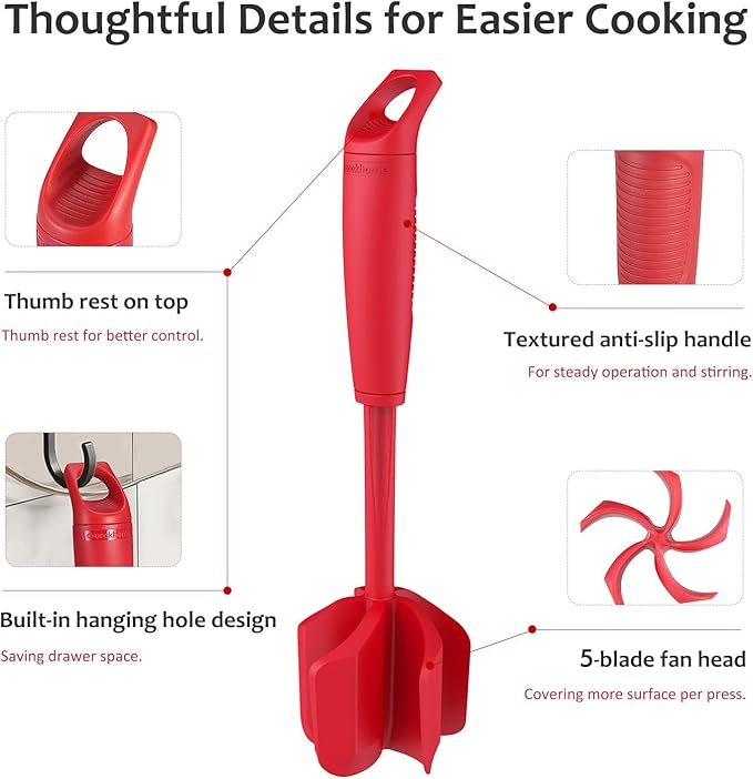 Ourokhome Meat Chopper and Potato Masher, Heat Resistant Nylon Ground Beef Smasher for Hamburger, 5 Curved Blades Nonstick Safe Mixer & Stirrer, Practical Kitchen Gadgets, Red