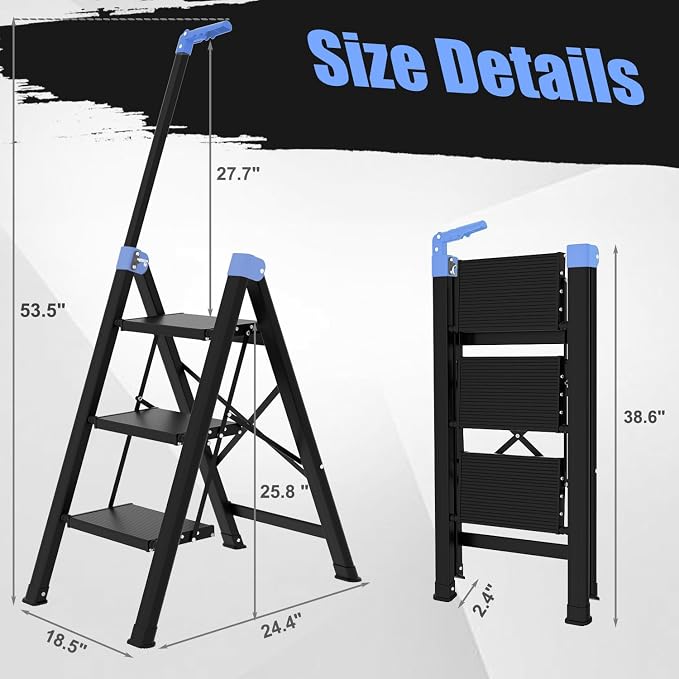 3 Step Ladder,Step Stool Foldable with Single-Handrail,Step Ladder with Anti-Slip Pedals for Home Kitchen Closet,Aluminum Sturdy Material,600lbs Max Load Capacity (Blue)