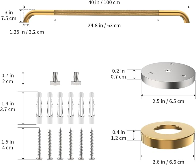 40 Inch Anti Slip Shower Grab Bar, Munzong Long Bathroom Grab Bar for Showers, Gold Knurled Handicap Balance Bar,Safety Hand Rail Support Elderly Senior Assist Bath Handle