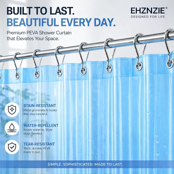 EHZNZIE Clear Blue Shower Curtain Liner 72x72, PEVA Waterproof Bath Curtain, No Chemical Smell, 3 Weighted Magnets, Durable with Rustproof Metal Grommets