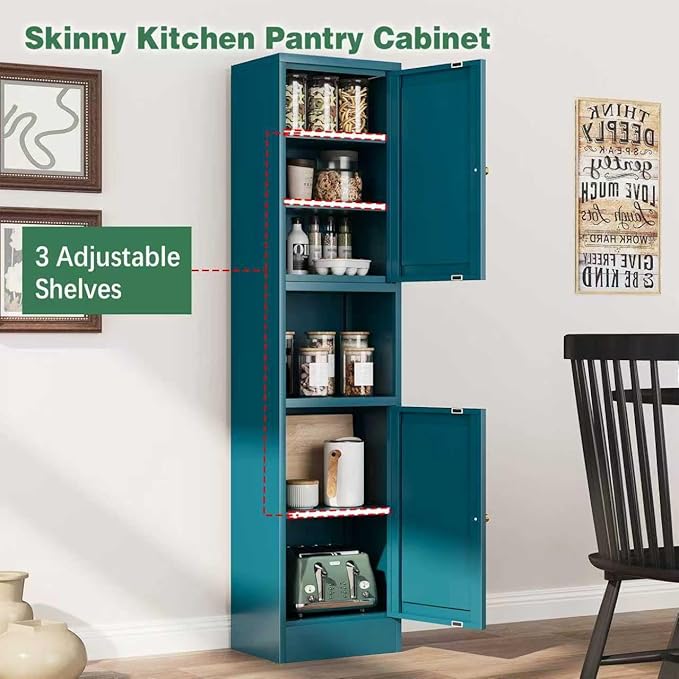 Bevivog Metal Kitchen Pantry Cabinet for Small Space, 67" Tall Storage Cabinets with 2 Doors and Adjustable Shelves, Freestanding Narrow Bathroom Cabinet, 15.7" W Slim Pantry