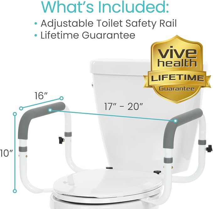 Vive Toilet Safety Rail - Adjustable Grab Bar - Compact Support Frame with Handrail for Bathroom Toilet Seat - Easy Installation for Handicap Senior Bariatrics, Elderly Balance - Padded Hand Armrest