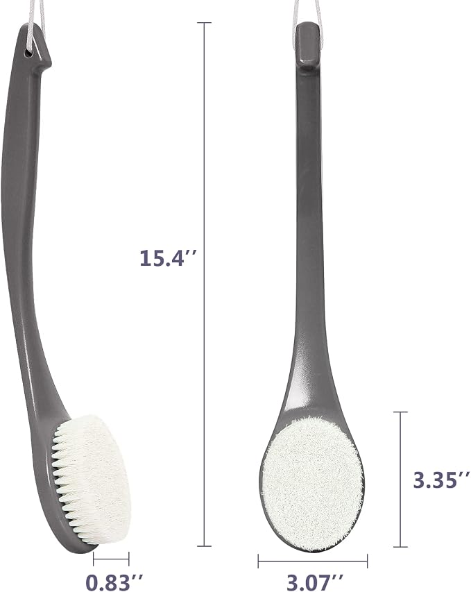 VANZAVANZU Exfoliating Shower Brush Back Scrubbers for Use in Shower, Plastic Bath Brush Long Handle for Shower with Moderate Bristles, Dry or Wet Back Brush for Shower Men Women-Grey