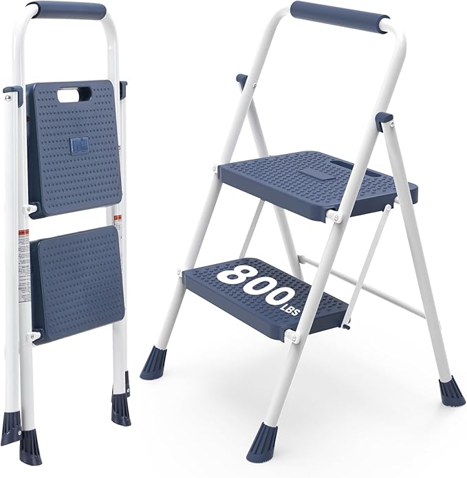 OLIXIS 2 Step Ladder, 880lbs Heavy Duty Sturdy Step Stool with Anti-Slip Pedal & Comfortable Handrail, Portable Step Stool for Kitchen, Garage & Outdoor Use, Blue