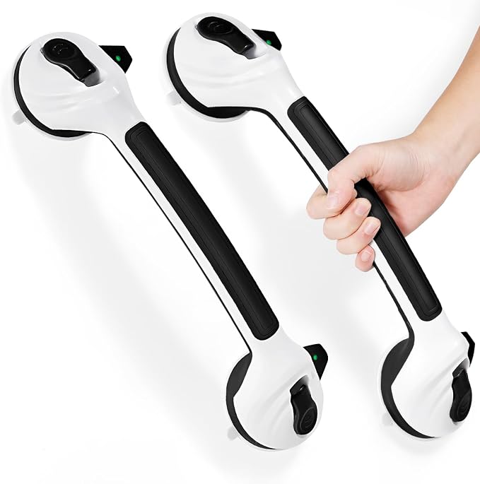 Grab Bars for Shower, 16.5 Inch Shower Handle with Safety Indicators, Suction Cup Bathroom Grab Bar for Elderly, Seniors, Handicap - No Drill, Waterproof, Removable (2 Pack), Black White