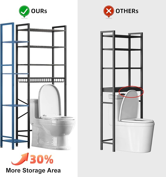 Kalrin 8-Tier Over The Toilet Storage with Side Rack, Over Toilet Storage Rack with Adjustable Shelf & Drain Basket, Freestanding Bathroom Organizer for Balcony, Laundry (Modern Grey)