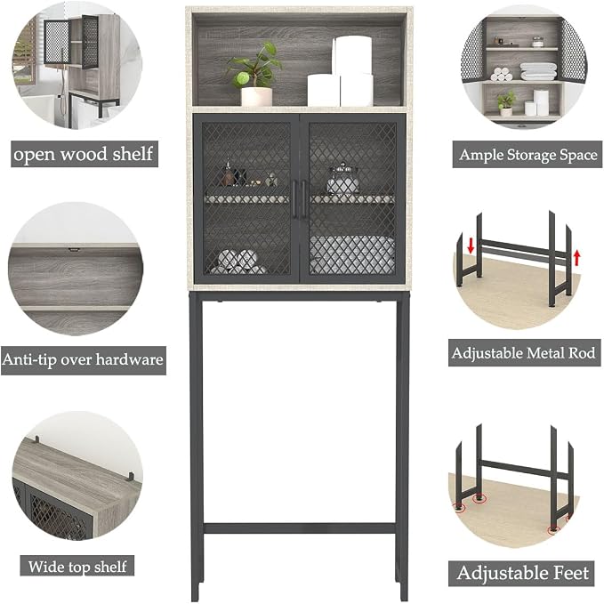Launica Over the Toilet Storage Cabinet, Over Toilet Bathroom Organizer with Mesh Doors and Shelves, Freestanding Bathroom Storage Cabinet Above Toilet, Wood and Metal, Light Grey Oak