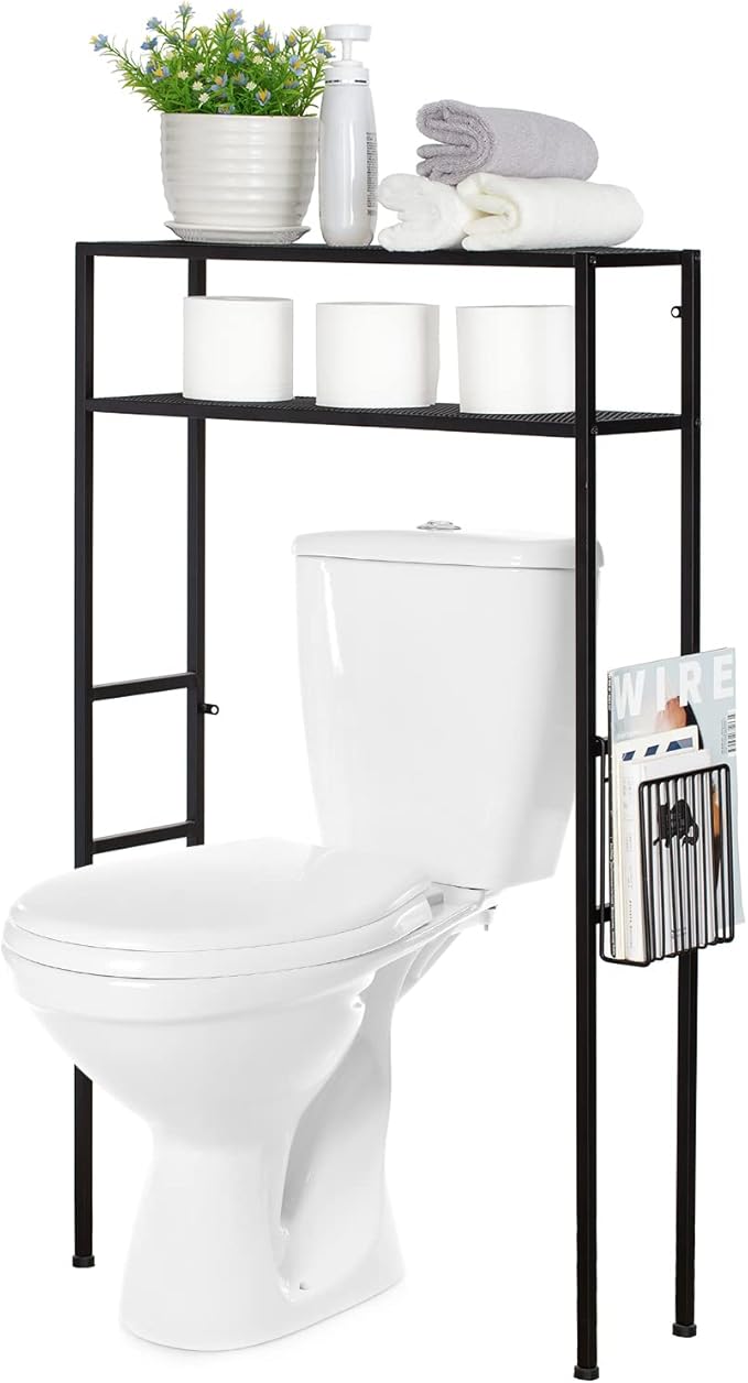 MyGift 2-Tier Over The Toilet Storage Rack, Over Toilet Bathroom Organizer, Freestanding Above Toilet Shelf with Removable Magazine Holder Basket, Black Metal Cabinet for Laundry Space Saver