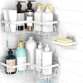 Moforoco Corner Adhesive Shower Caddy, with Soap Holder and 12 Hooks, Rustproof Stainless Steel Bathroom Organizer, No Drilling Wall Mounted Rack, Black, 3-Pack(White)