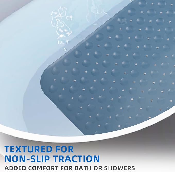 ZHICHENG Bath Tub and Shower Mats, Non-Slip 39 x 16 Inch Extra Long Bath Mat, Machine Washable Bathtub Mat with Drain Holes, Suction Cups for Bathroom (Blue)