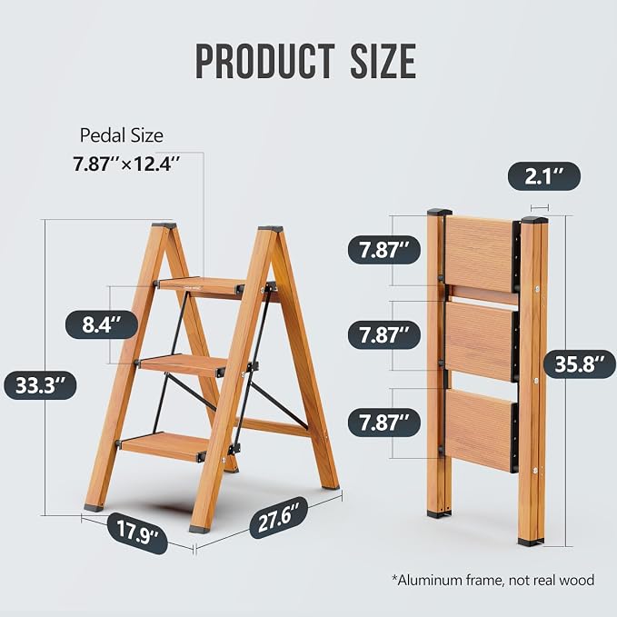 WOA WOA 3 Step Ladder, Foldable Step Stool, Aluminum Lightweight Ladder for Home Kitchen Closet, Anti-Slip Pedals, Ease of Folding, Portable, 300lbs Capacity - Wood Grain