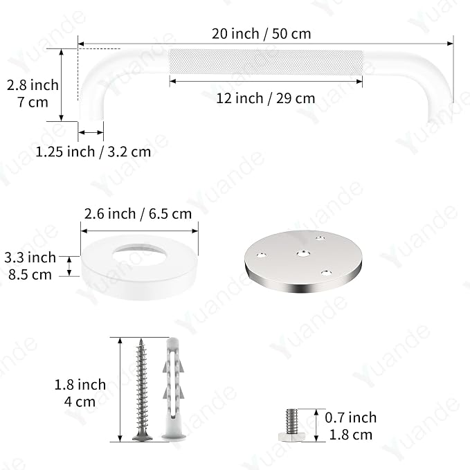 20 Inch White Shower Grab Bar with Anti-Slip Knurled Grip,YuanDe Stainless Steel Bathroom Grab Bars，Shower Handrail Support, Handicap Elderly Balance Assist Handles