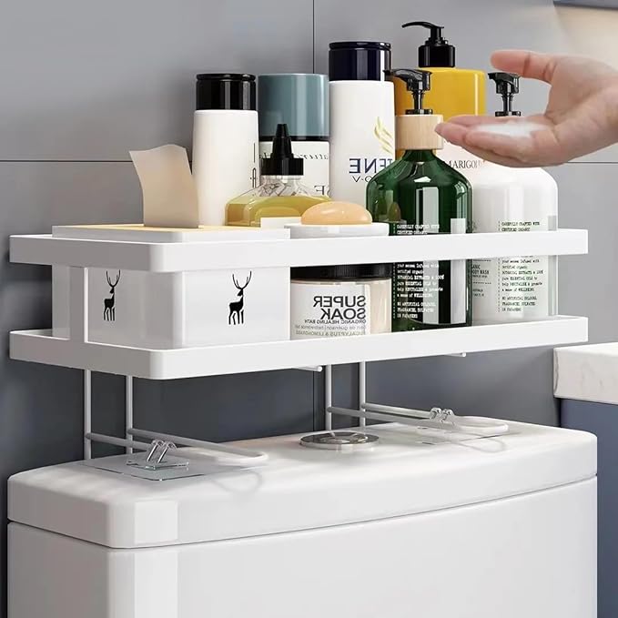 PowerKing Over The Toilet Storage Shelf, Bathroom Organizer Rack with 2 Hooks, No-Drill, Rust-Resistant Steel, Toilet Paper Holder for Restroom Bathroom, White