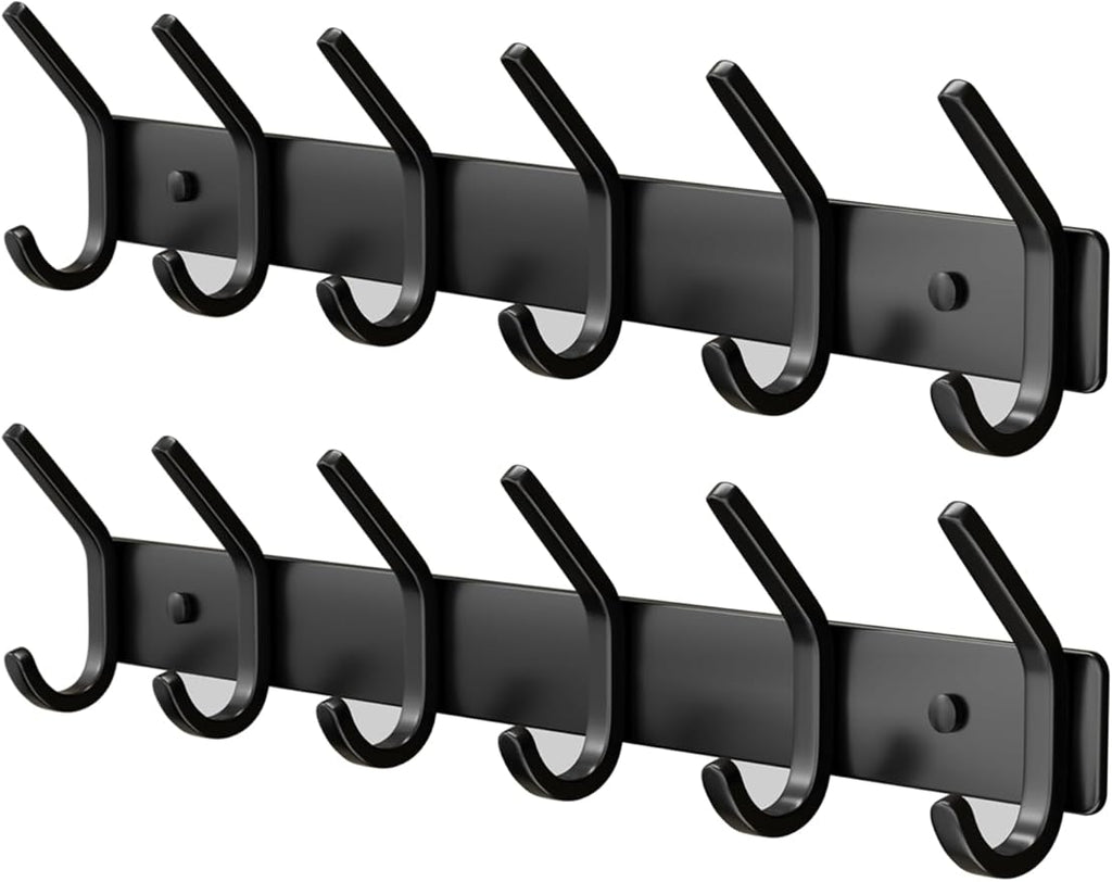 GWAAZXGZ Coat Rack Wall Mount Hooks - 15 Inch Matte Black Metal 6-Hook Organizer Wall Mounted, Modern Kids Room, Entryway & Bathroom Hanger for Beach Towels, Coats, Purses, Bags (2 Pack)