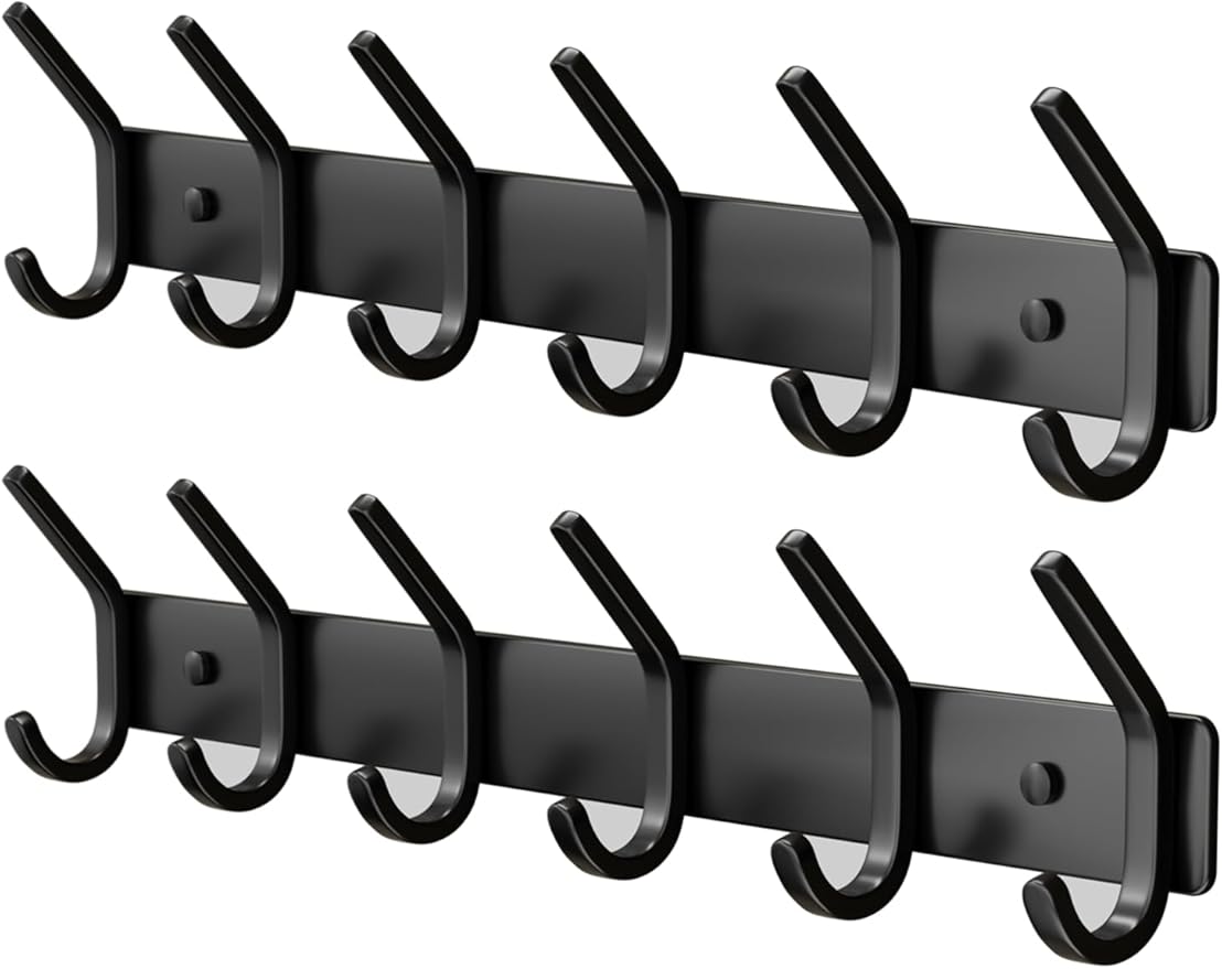 GWAAZXGZ Coat Rack Wall Mount Hooks - 15 Inch Matte Black Metal 6-Hook Organizer Wall Mounted, Modern Kids Room, Entryway & Bathroom Hanger for Beach Towels, Coats, Purses, Bags (2 Pack)