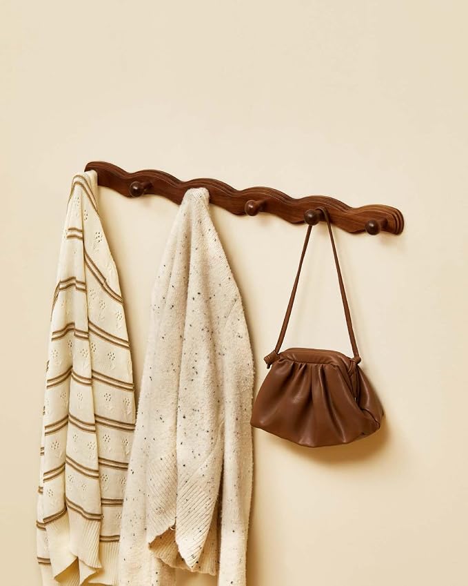 Wood Coat Rack Wall Mount - Walnut Coats Hook Hanger Wall-Mounted, Wave-Shaped Entryway Hanging Racks with 6 Hooks for Jacket Keys Hats Robes Towels Bags, Living Room Mudroom Bathroom Bedroom Hallway